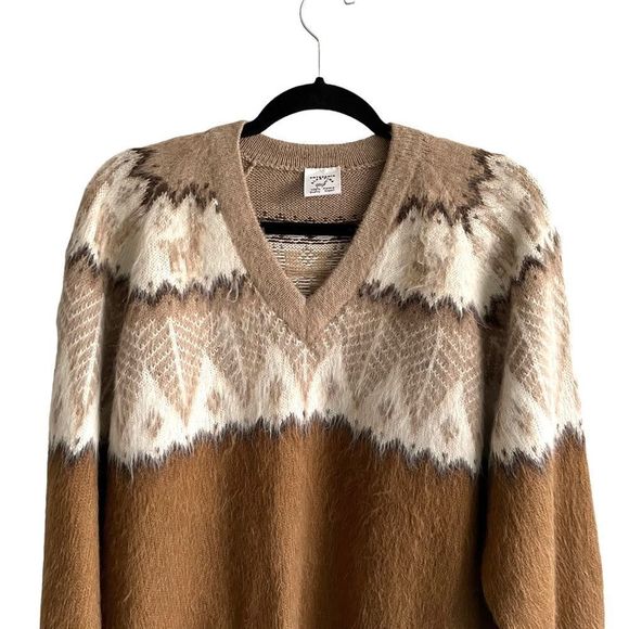 (SOLD) Artesania ALPAFINA Peru Alpaca V-Neck Oversized Sweater Brown Cream XL - Picture 4 of 9